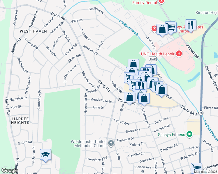 map of restaurants, bars, coffee shops, grocery stores, and more near 907-909 Phillips Road in Kinston