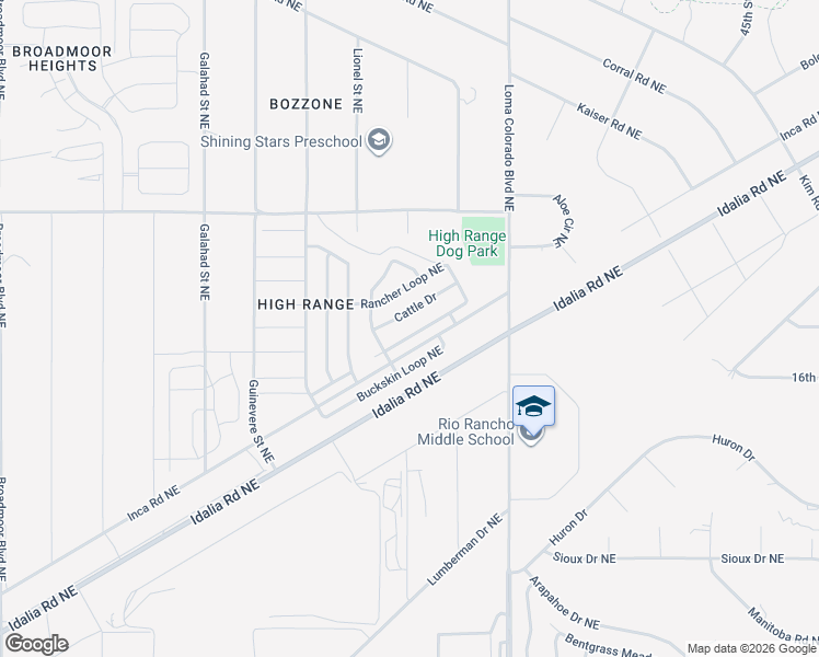 map of restaurants, bars, coffee shops, grocery stores, and more near 1924 Round Up Drive Northeast in Rio Rancho