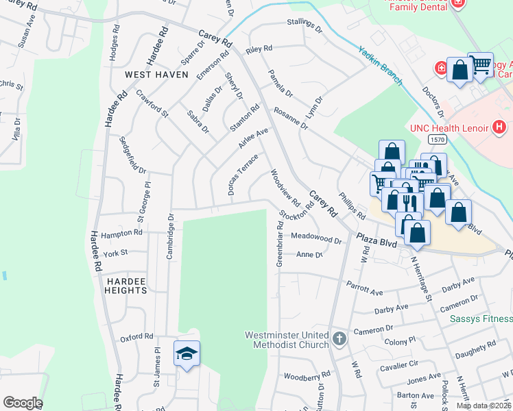 map of restaurants, bars, coffee shops, grocery stores, and more near 1213 Ruffin Terrace in Kinston