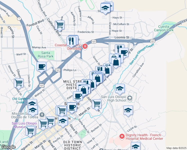 map of restaurants, bars, coffee shops, grocery stores, and more near 1515 Mill Street in San Luis Obispo