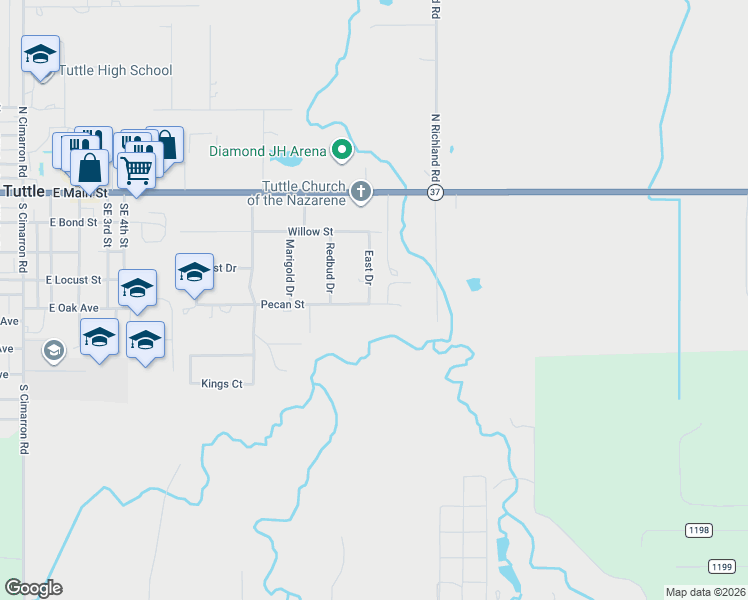 map of restaurants, bars, coffee shops, grocery stores, and more near 901 Pecan Street in Tuttle
