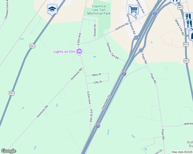 map of restaurants, bars, coffee shops, grocery stores, and more near 111 May Street in Dunn