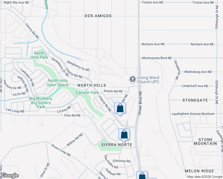 map of restaurants, bars, coffee shops, grocery stores, and more near 1833 Peach Road Northeast in Rio Rancho