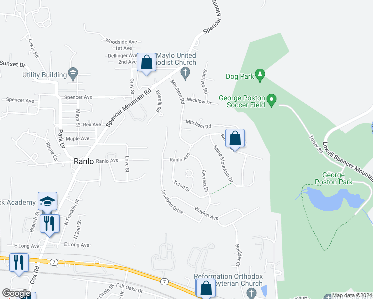 map of restaurants, bars, coffee shops, grocery stores, and more near 135 Ranlo Avenue in Gastonia