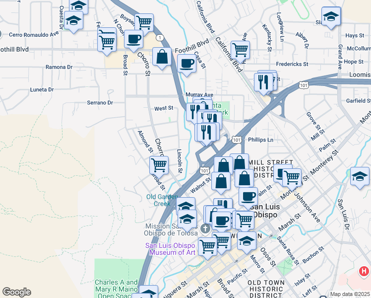map of restaurants, bars, coffee shops, grocery stores, and more near 951 Montalban Street in San Luis Obispo