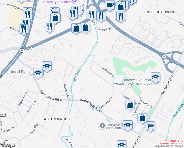 map of restaurants, bars, coffee shops, grocery stores, and more near 8410 Knollwood Circle in Charlotte