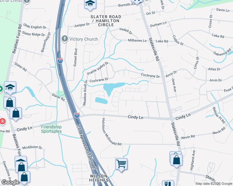 map of restaurants, bars, coffee shops, grocery stores, and more near 2801 Oakwood Drive in Charlotte