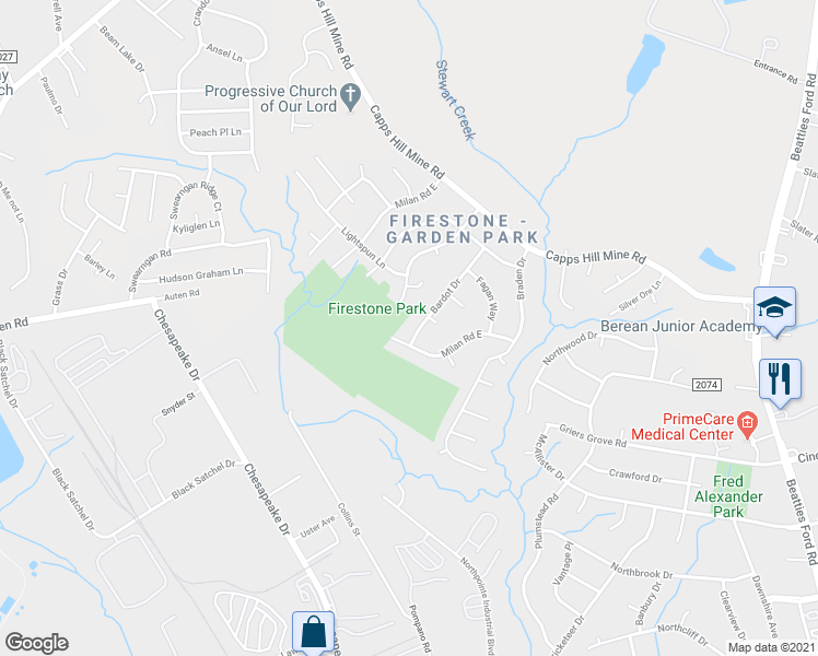 map of restaurants, bars, coffee shops, grocery stores, and more near 3502 Firestone Drive in Charlotte