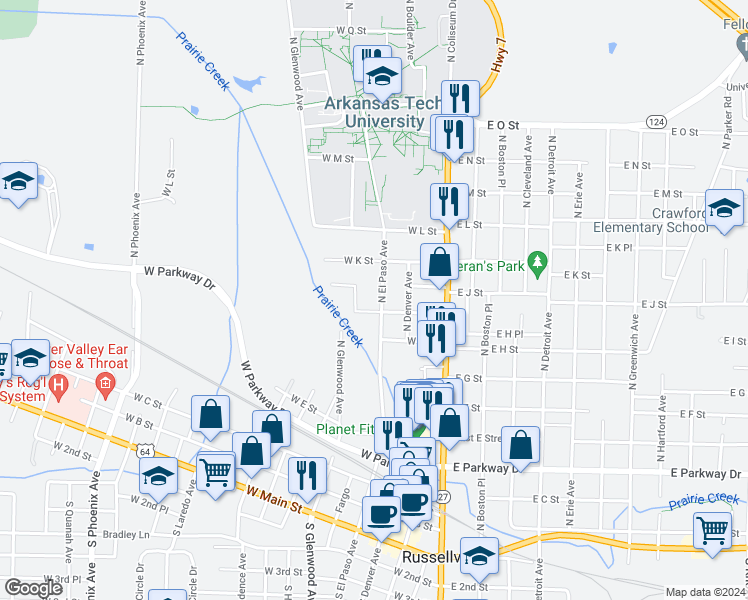 map of restaurants, bars, coffee shops, grocery stores, and more near 915 North El Paso Avenue in Russellville