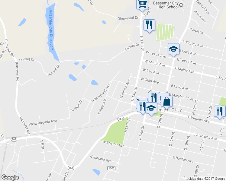 map of restaurants, bars, coffee shops, grocery stores, and more near 105 North Gould Avenue in Bessemer City