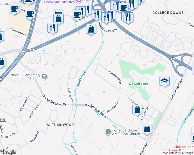 map of restaurants, bars, coffee shops, grocery stores, and more near 8410 Knollwood Circle in Charlotte