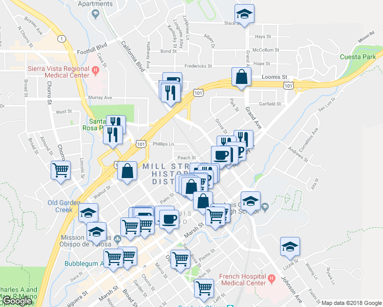 map of restaurants, bars, coffee shops, grocery stores, and more near Pepper Street in San Luis Obispo