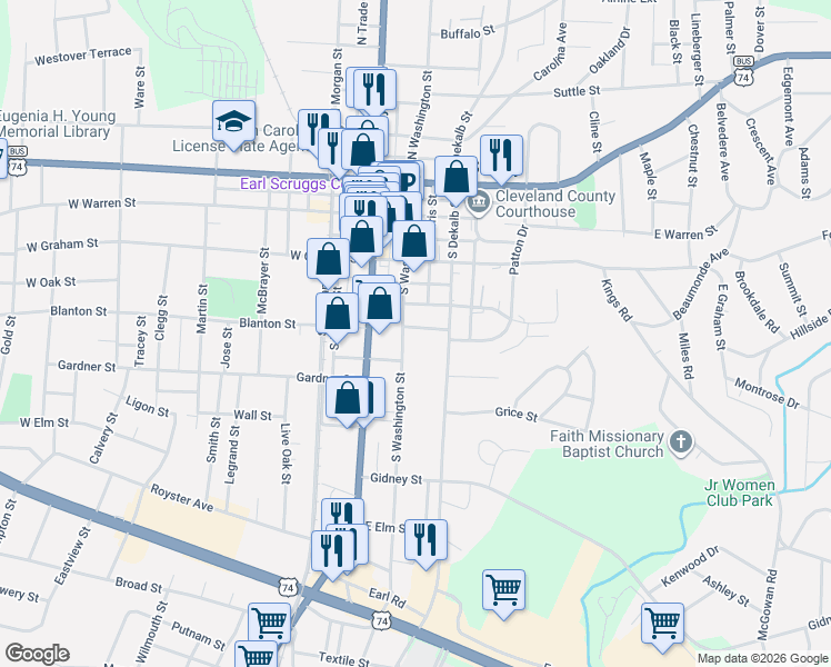 map of restaurants, bars, coffee shops, grocery stores, and more near 403 South Washington Street in Shelby