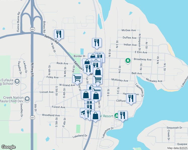 map of restaurants, bars, coffee shops, grocery stores, and more near 127 Main Street in Eufaula