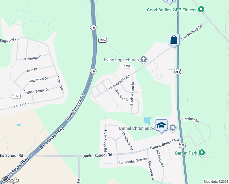 map of restaurants, bars, coffee shops, grocery stores, and more near 2285-2345 Beechnut Drive in Kinston
