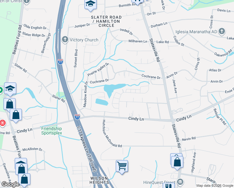 map of restaurants, bars, coffee shops, grocery stores, and more near 2801 Oakwood Drive in Charlotte