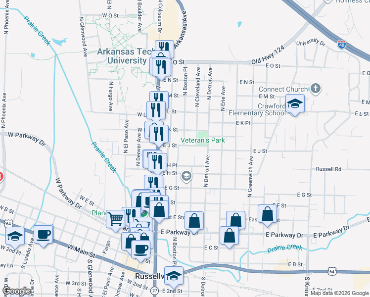 map of restaurants, bars, coffee shops, grocery stores, and more near 233 East J Street in Russellville