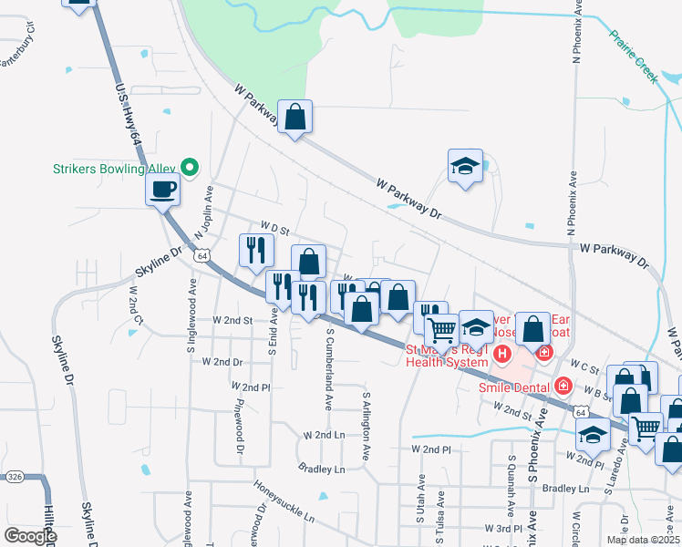 map of restaurants, bars, coffee shops, grocery stores, and more near 300 North Cumberland Avenue in Russellville