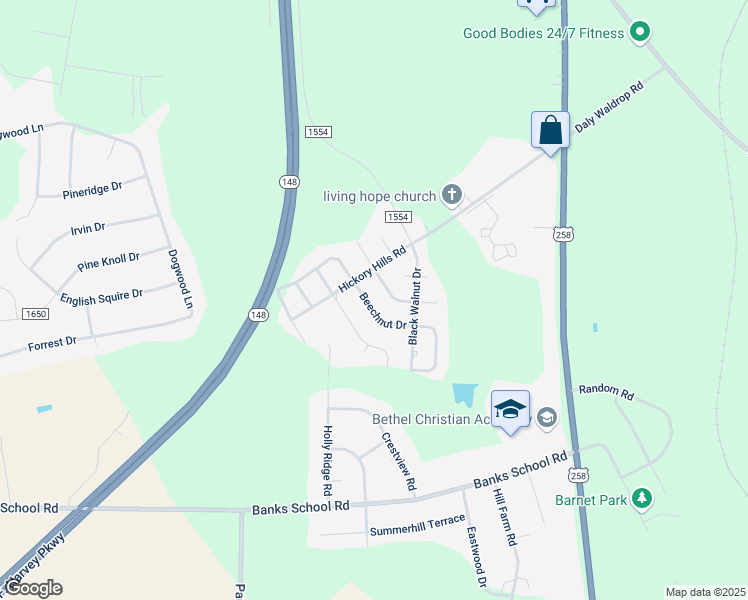 map of restaurants, bars, coffee shops, grocery stores, and more near 2285-2345 Beechnut Drive in Kinston