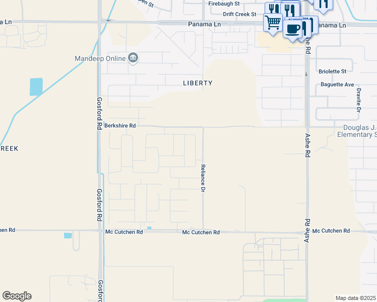 map of restaurants, bars, coffee shops, grocery stores, and more near Berkshire Road in Bakersfield