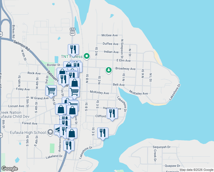 map of restaurants, bars, coffee shops, grocery stores, and more near 228 Belt Avenue in Eufaula