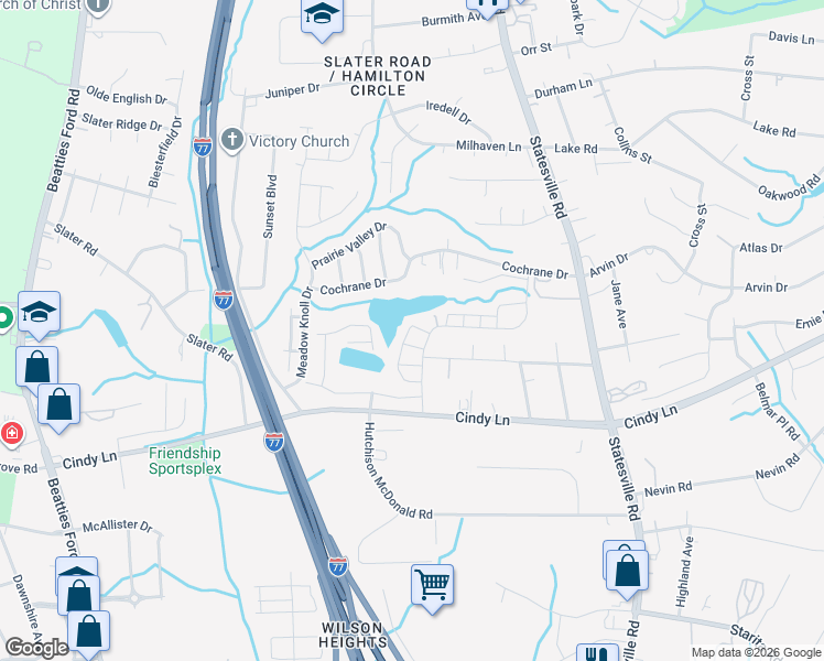 map of restaurants, bars, coffee shops, grocery stores, and more near 2801 Oakwood Drive in Charlotte