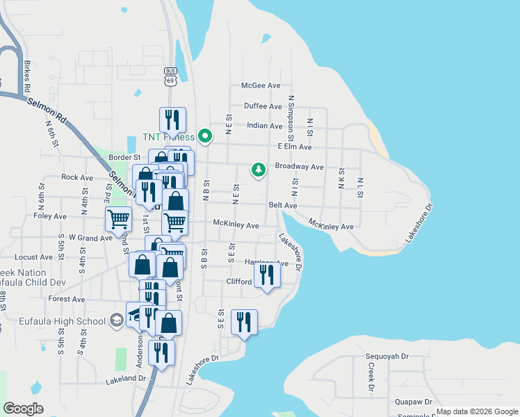 map of restaurants, bars, coffee shops, grocery stores, and more near 228 Belt Avenue in Eufaula