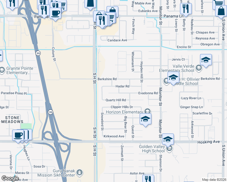 map of restaurants, bars, coffee shops, grocery stores, and more near 1505 Hadar Road in Bakersfield