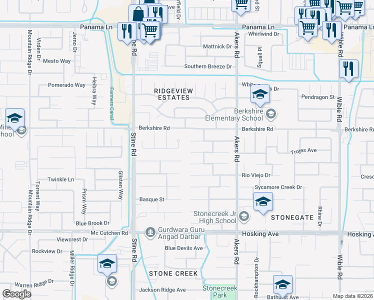 map of restaurants, bars, coffee shops, grocery stores, and more near 4415 Serene Oak Drive in Bakersfield