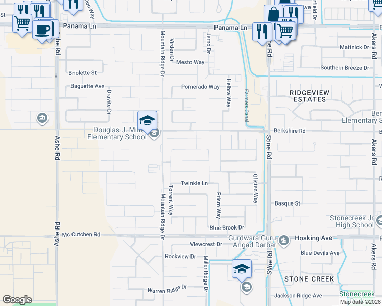 map of restaurants, bars, coffee shops, grocery stores, and more near 5406 Clarion Channel Lane in Bakersfield