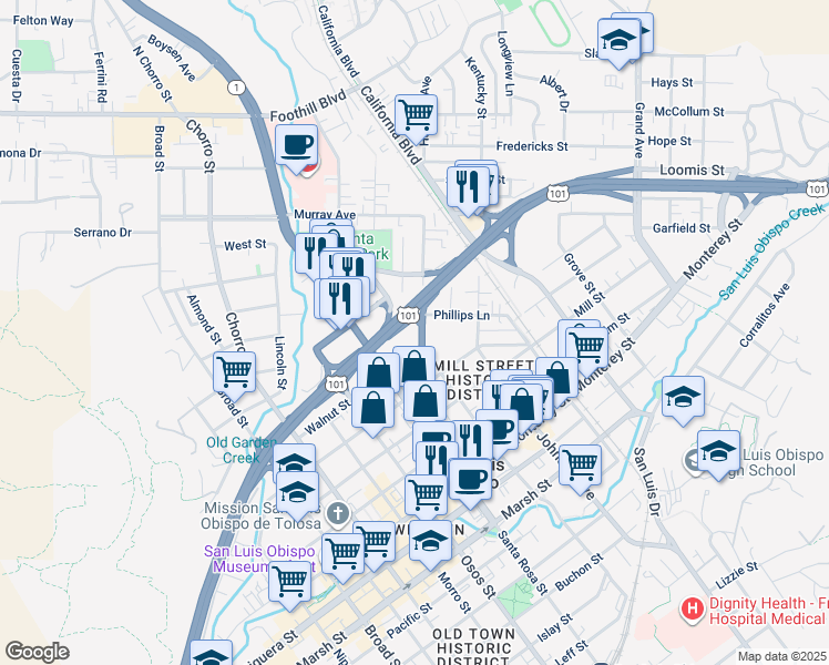 map of restaurants, bars, coffee shops, grocery stores, and more near 634 Toro Street in San Luis Obispo