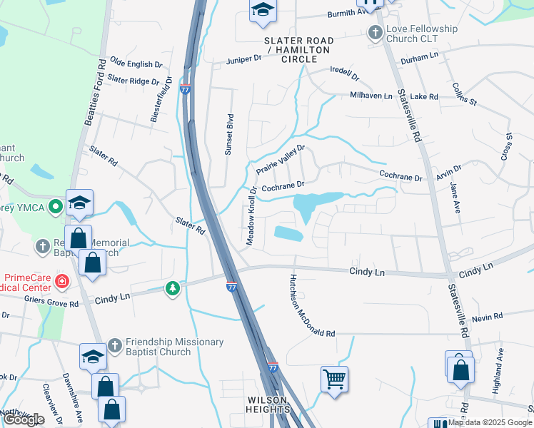 map of restaurants, bars, coffee shops, grocery stores, and more near 2718 Meadow Knoll Drive in Charlotte