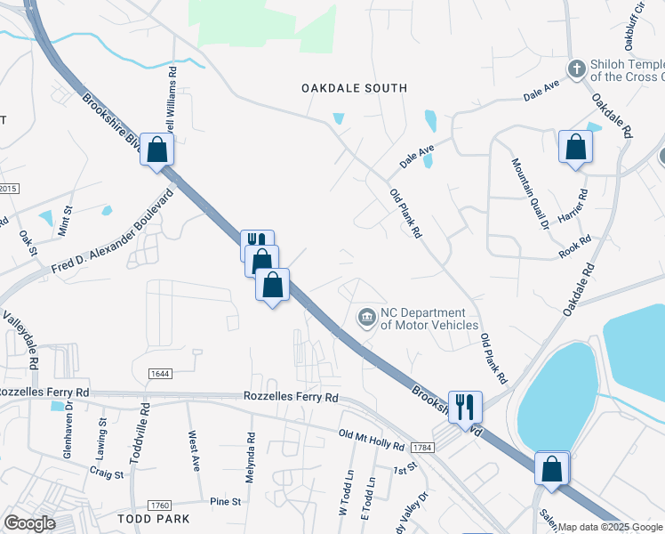 map of restaurants, bars, coffee shops, grocery stores, and more near 6128 Brookshire Boulevard in Charlotte
