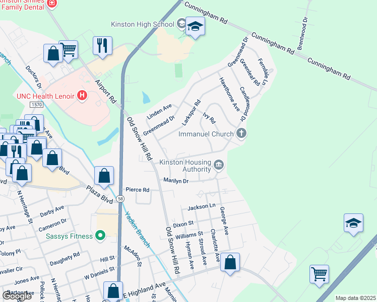 map of restaurants, bars, coffee shops, grocery stores, and more near 500 Marcella Drive in Kinston