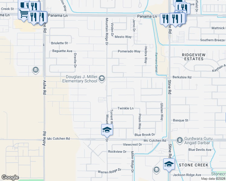 map of restaurants, bars, coffee shops, grocery stores, and more near 5512 Clarion Channel Lane in Bakersfield