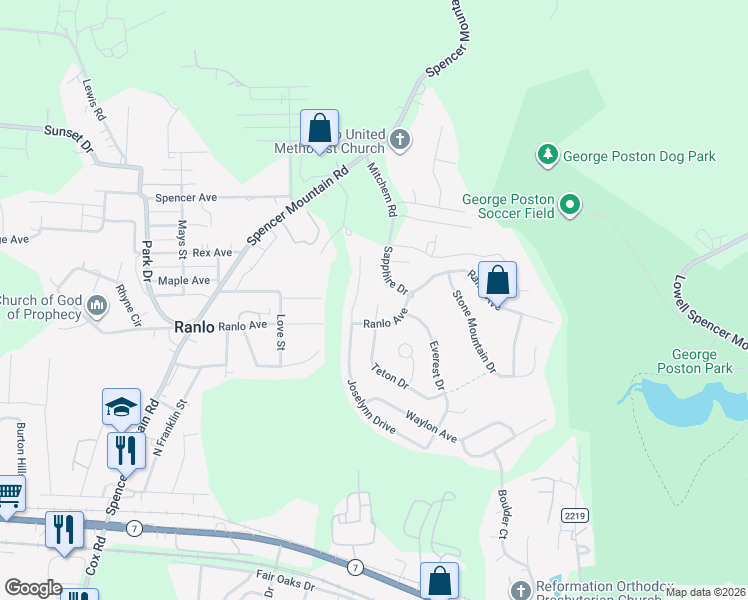 map of restaurants, bars, coffee shops, grocery stores, and more near 2904 Teton Drive in Gastonia