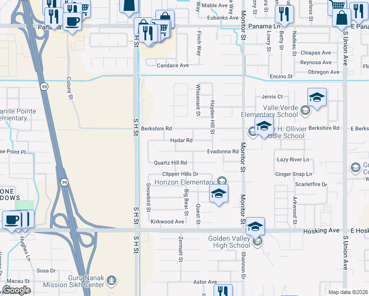 map of restaurants, bars, coffee shops, grocery stores, and more near 1318 Evadonna Road in Bakersfield