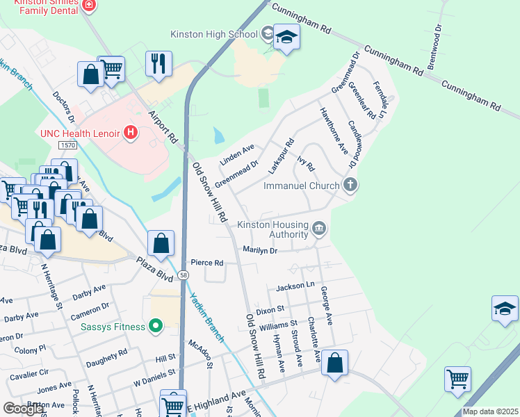 map of restaurants, bars, coffee shops, grocery stores, and more near 500 Marcella Drive in Kinston