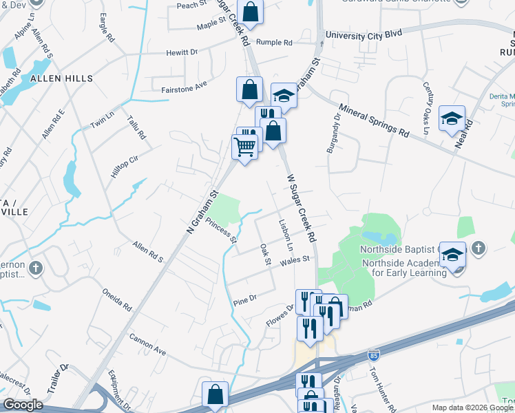 map of restaurants, bars, coffee shops, grocery stores, and more near 5411 Dutchess Street in Charlotte