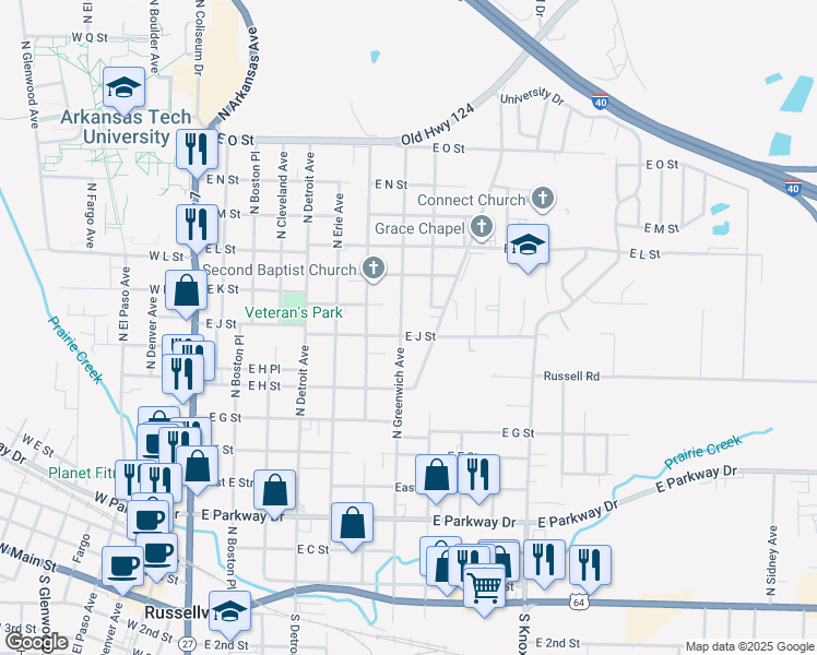 map of restaurants, bars, coffee shops, grocery stores, and more near 1013 North Parker Road in Russellville