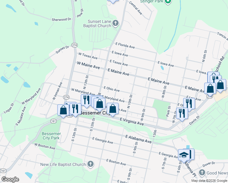 map of restaurants, bars, coffee shops, grocery stores, and more near 303 North 11th Street in Bessemer City