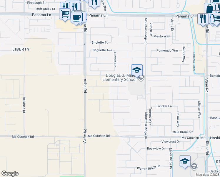 map of restaurants, bars, coffee shops, grocery stores, and more near Berkshire Road in Bakersfield