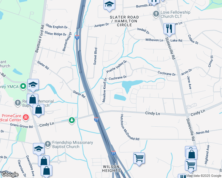 map of restaurants, bars, coffee shops, grocery stores, and more near 2718 Meadow Knoll Drive in Charlotte