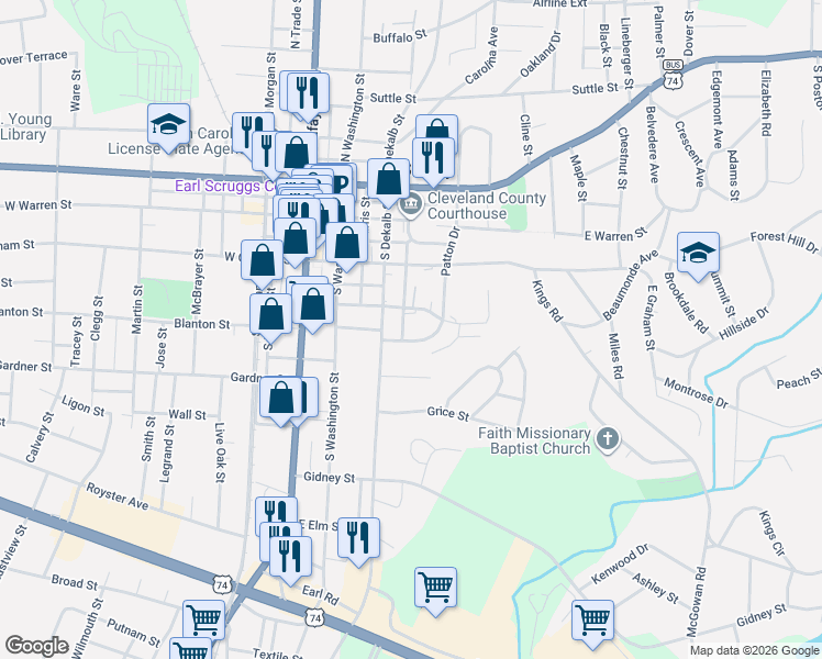 map of restaurants, bars, coffee shops, grocery stores, and more near 405 South Dekalb Street in Shelby