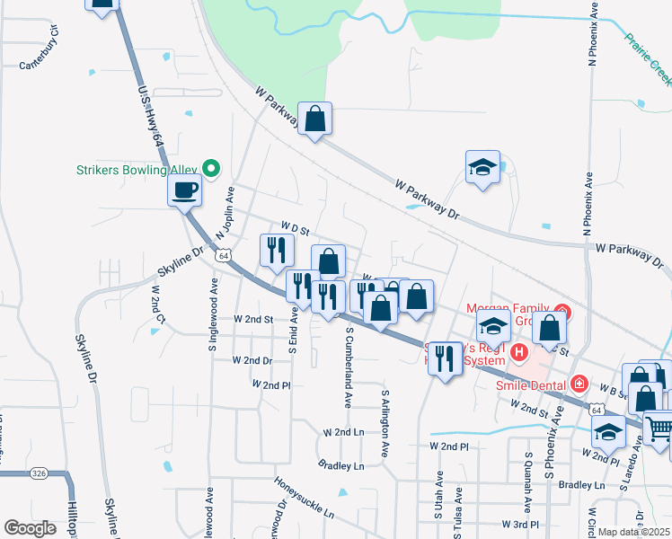 map of restaurants, bars, coffee shops, grocery stores, and more near 2631 West C Street in Russellville