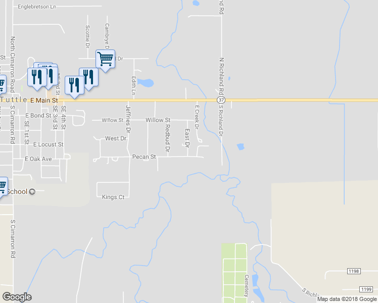 map of restaurants, bars, coffee shops, grocery stores, and more near 901 Pecan Street in Tuttle