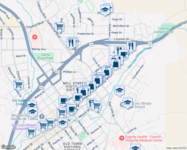 map of restaurants, bars, coffee shops, grocery stores, and more near 1515 Mill Street in San Luis Obispo