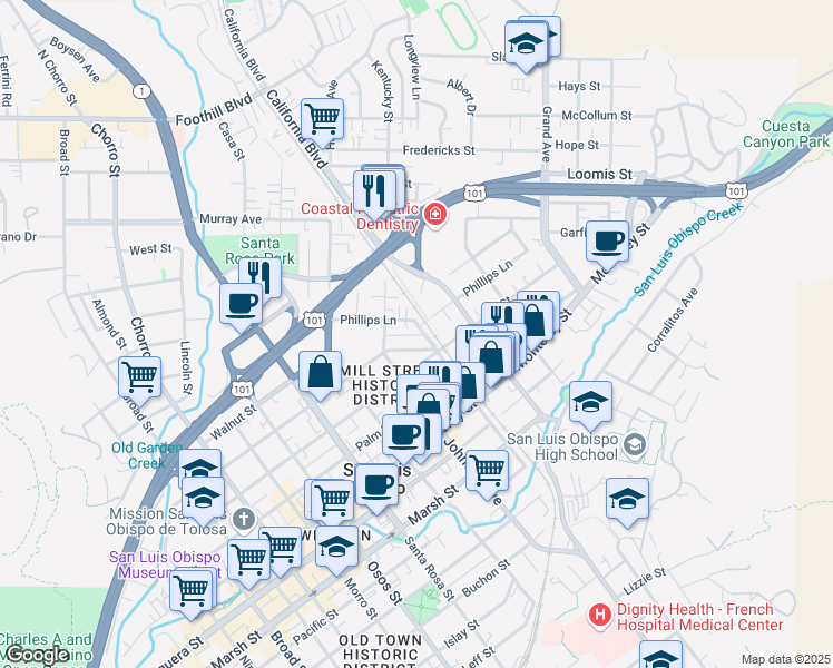 map of restaurants, bars, coffee shops, grocery stores, and more near 1371 Phillips Lane in San Luis Obispo