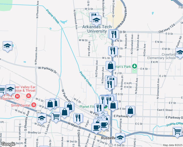 map of restaurants, bars, coffee shops, grocery stores, and more near 915 North El Paso Avenue in Russellville