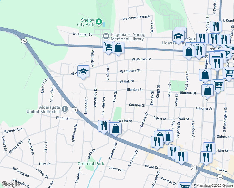 map of restaurants, bars, coffee shops, grocery stores, and more near 405 Gold Street in Shelby